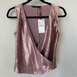 Zara Basic Metallic Rose Gold Crossover Sleeveless Top Size XS NWT
